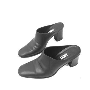 DKNY black leather mules